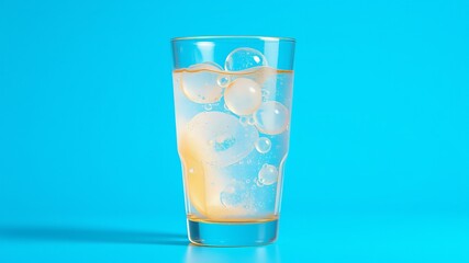 A glass of water with effervescent tablets dissolving, bubbles rising to the surface on a blue background.