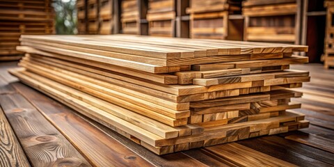 Fototapeta premium Stack of teak wood planks on a wooden table