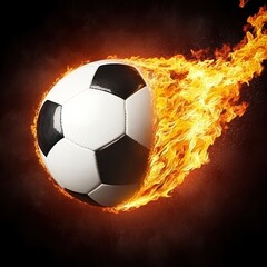Fototapeta premium A soccer ball engulfed in flames, streaking across a dark background. Fiery soccer ball in motion, with intense orange flames erupting around it. Sparks and embers surround the ball