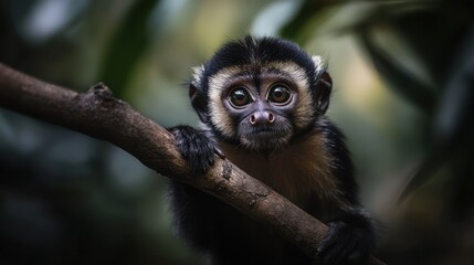Close-up of a young monkey, perched on a branch, in a lush, natural setting.  Eyes are large and expressive, showcasing a curious and attentive gaze