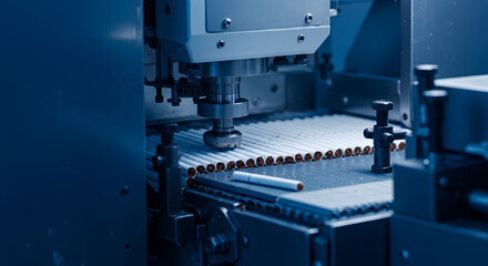 Automated Cigarette Manufacturing Machine Precisely Arranging Items in Blue Hued Factory