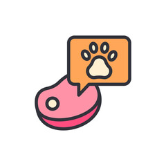 Icon illustration of a raw meat cut with paw print message bubble above it