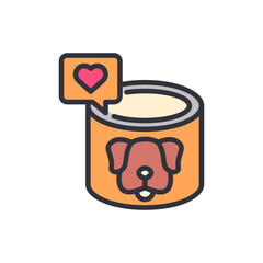 Illustration of dog food in a can with heart speech bubble for pet care