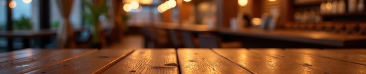 Warm wood grain tabletop, bokeh restaurant lights, illuminated, background