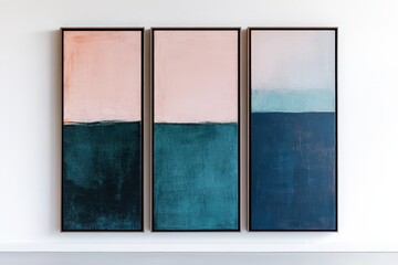 Three abstract paintings in muted tones, displayed vertically.