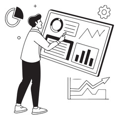 Businessman using digital screen to analyze key performance indicators (KPI) with various graphs and charts, showcasing data 
analysis and performance tracking.