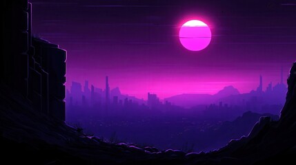 Pixelated sunset over futuristic cityscape a retro gaming aesthetic evoking neon glow and a bygone era of digital artistry