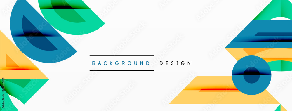 Poster abstract geometric shapes overlap, creating vibrant visual texture. yellow, teal, red hues dominate 