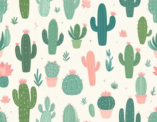 A trendy seamless pattern features a variety of stylized cartoon cacti and succulents, some with pink flowers, on a light beige background.
