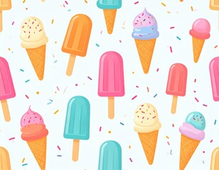 Colorful seamless pattern featuring various ice cream cones and popsicles with sprinkles on white background for summer designs.