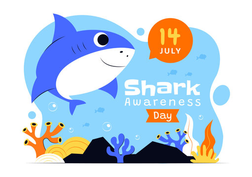 Shark Awareness Day Vector Illustration on 14 July Featuring a Shark and the Ocean to help Preserve the Marine Ecosystem in a Flat Background