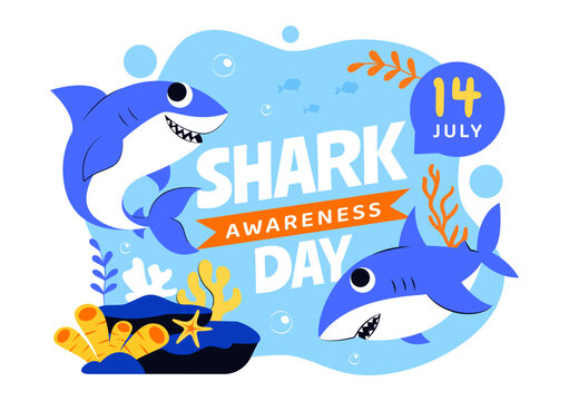 Shark Awareness Day Vector Illustration on 14 July Featuring a Shark and the Ocean to help Preserve the Marine Ecosystem in a Flat Background