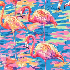 Obraz premium Exotic Pink Flamingo Birds in Vibrant Tropical Seamless Pattern - Colorful and Whimsical Wildlife Designs