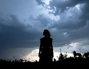 Fototapeta premium A dramatic silhouette of a person standing against a stormy sky with small figures visible in the distance.