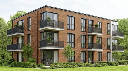Naklejka premium Modern residential building architecture exterior design with balconies and facade surrounded by green lush trees landscape environment view