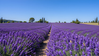 Fototapeta premium Lavender field in Provence, vibrant purple rows under blue sky