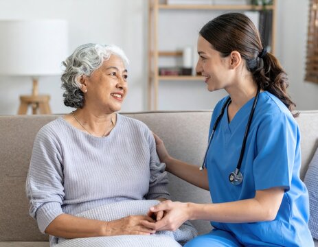 Compassionate young nurse providing gentle care and emotional support to smiling elderly woman patient at home