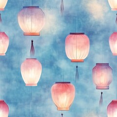 Obraz premium Decorative Watercolor Chinese Lanterns: Festive Party Lighting Art for Elegant Holiday Celebrations in Asian Culture Background