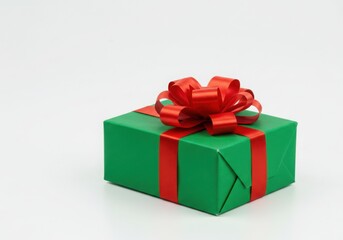 A green gift box with red ribbon on a white surface in studio light