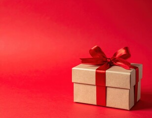 Fototapeta premium Elegant kraft paper gift box with red satin ribbon bow on vibrant red background for holiday celebrations and special occasions.