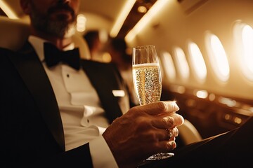 Elegant man holding champagne glass in luxurious airplane