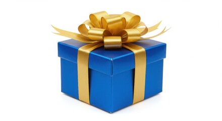 A blue gift box with a gold ribbon and bow on a white background view