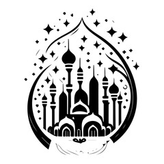Stylized architectural silhouette with celestial details in minimalistic design
