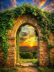 Fototapeta premium weathered red brick wall covered in lush green ivy and vines entwined with ancient stone archway standing alone against a warm golden sunset background