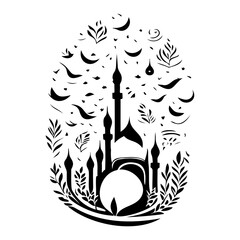 Abstract depiction of a mosque with stylized elements, creating a serene vibe