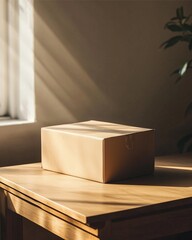 Awaiting Package: A single, neatly wrapped cardboard box sits on a wooden table bathed in warm sunlight, waiting for the recipient.  