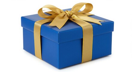 A blue gift box with gold ribbon and bow on a white background studio