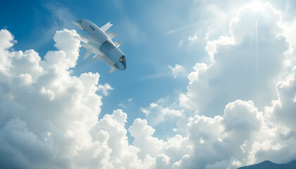 A futuristic rocket is soaring through a vibrant sky filled with fluffy clouds, illuminated by bright sunlight