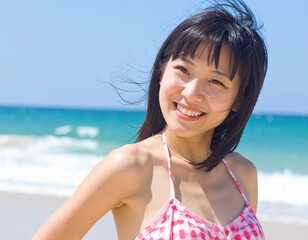 Smiling young woman with bangs enjoying a sunny day at the beach in pink patterned swimwear against vibrant turquoise ocean background.