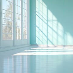 Light-filled room with pastel teal walls