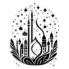 Whimsical Silhouette of a Crescent Moon Night, Minarets and Celestial Lights Vector