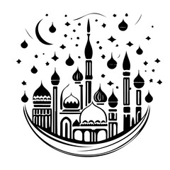 Stylized monochrome crescent moon and mosque minarets silhouette illustration