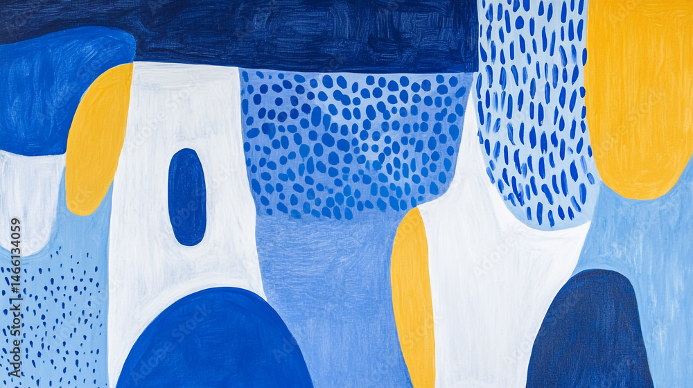 Poster abstract painting featuring a dynamic composition of overlapping shapes and bold colors, the texture