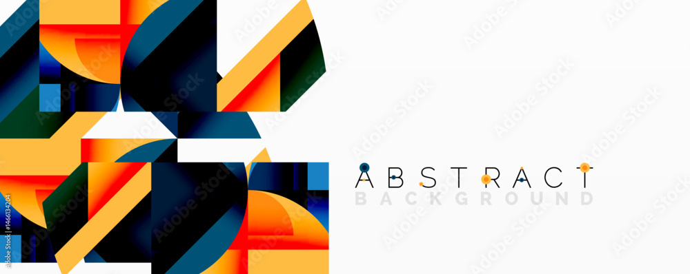 Poster Geometric shapes overlap, creating vibrant color blocks. Modern design features bold contrasts, clean lines, simple composition.