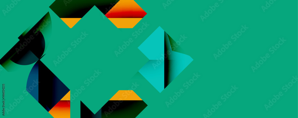 Aufkleber Abstract geometric shapes overlap, creating vibrant color gradients. Teal background dominates composition. Modern design elements present.