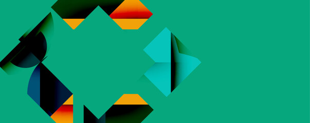 Fototapeta na wymiar Abstract geometric shapes overlap, creating vibrant color gradients. Teal background dominates composition. Modern design elements present.
