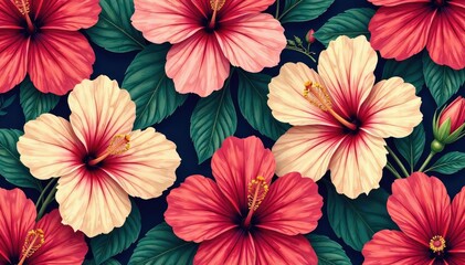 Obraz premium Bold hibiscus motif, repeating floral design, rich color palette , exotic blooms, tropical flower, fabric design