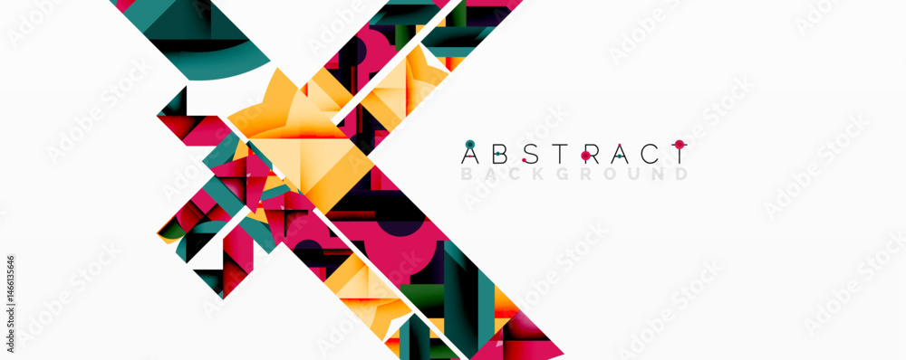 Aufkleber Modern geometric design. Colorful triangles form dynamic lines across white space. Abstract background suggests innovation, energy.