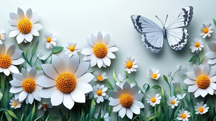Beautiful Daisy Field in Paper Art Style &ndash; Spring Flowers Pattern, Seamless Grass Border Header, Colorful Flying Butterfly, Floral Paper Cut Design with Text Space, Nature Decoration