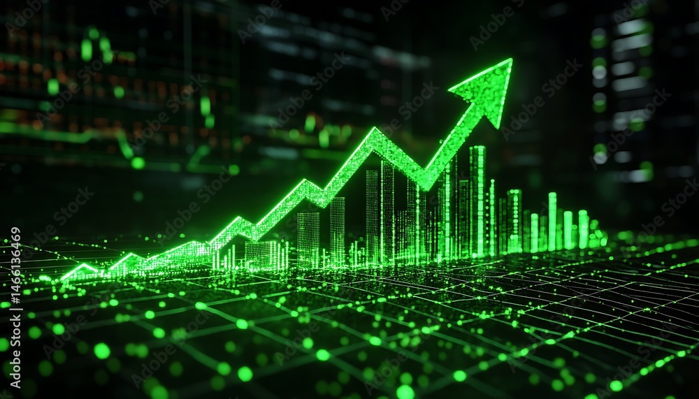 Aufkleber glowing green upward arrow above graph columns on connected dots background