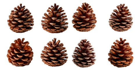 Eight Pine Cones on White Background for Natural Decor and Design, Isolated on Transparent, white background