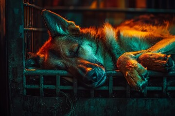 Neon Nights: A German Shepherd's Slumber
