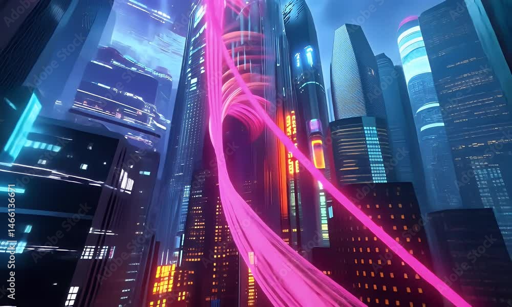 Poster red light waves traveling through the data center, red lights in front of rows of server cabinets, c