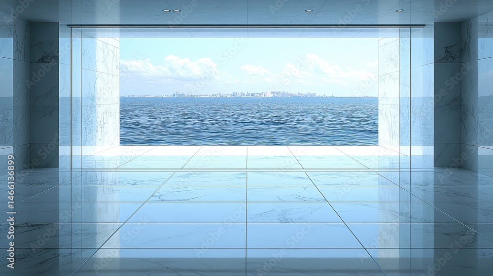 Poster modern architecture with sea view through a pristine minimalist window evoking serenity and clear vi