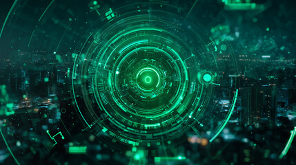 Futuristic holographic interface in green with glowing rings, HUD data dials and sci-fi elements over digital cityscape, neon