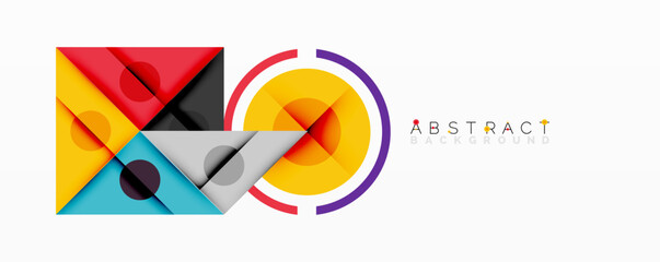 Geometric shapes overlap, creating vibrant colorful design. Modern abstract background with layered elements.